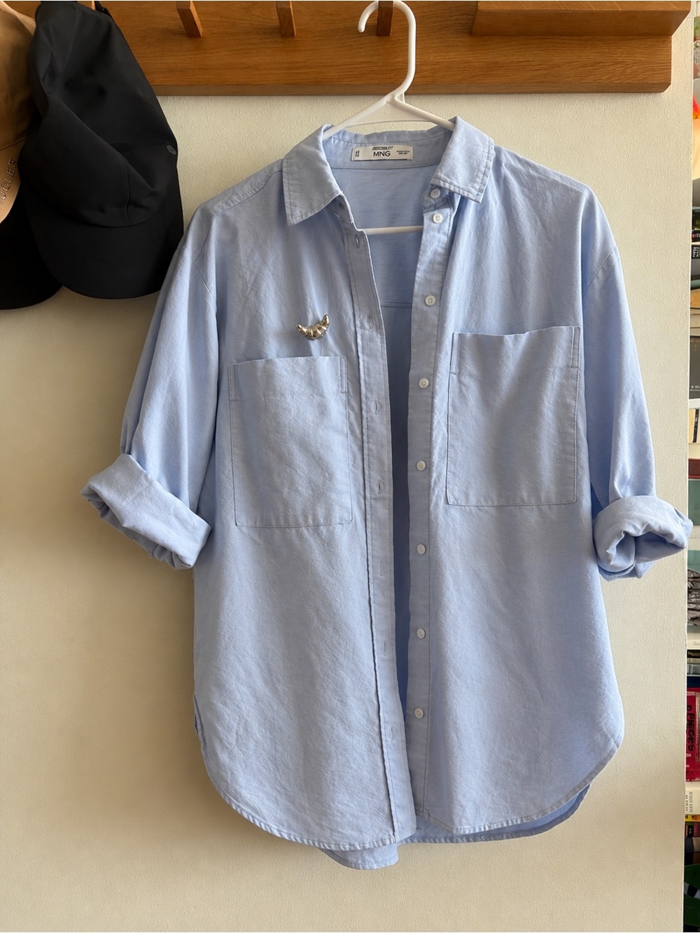 Mango Chest Pocket Cotton Shirt with croissant brooch pin